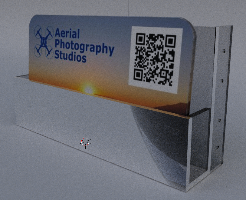 Isometric render of the End Mounted Business Card Holder by Tim Vittetoe — showing the angled card tray, mounting bracket, and integrated branding display panel